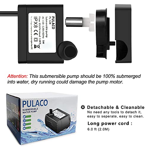 PULACO 95GPH 5W Mini Submersible Water Pump with 3.3 ft Tubing for Aquarium Fish Tank, Pond, Fountain, Hydroponics