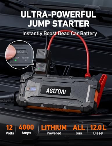 AstroAI S8 Ultra 4000A Car Jump Starter, Jump Box up to All Gas Engines & 12L Diesel, 12V Portable Power Bank with USB/Type-C Ports, 3 Modes LED Flashlight, Auto Battery Booster with Jumper Cable