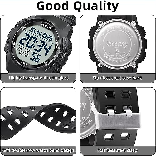 Beeasy Mens Digital Sports Watch, 50M Waterproof 49mm Rubber Strap Mens Watches with Stopwatch, Countdown Timer, Alarm & Dual Time—Ideal for Sport, Gym, Running, Referee, School & Daily Wear