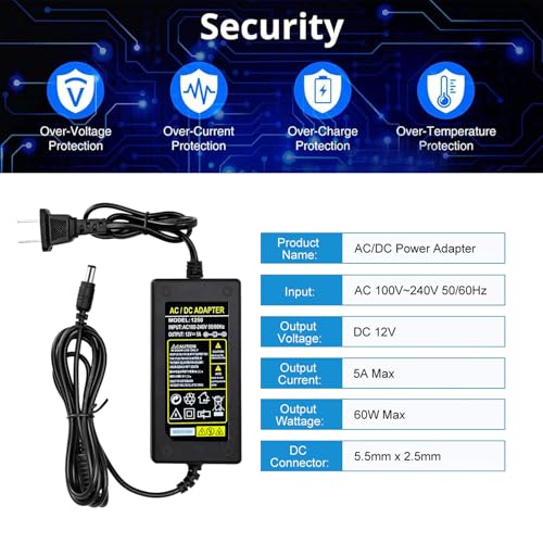 Power Adapter 12V 5A 4A 3A 2.5A 2A 1A AC DC Power Supply Cord Cable 5.5x2.1mm for Sceptre EC Series Monitor,ONN,AOC,Dell,Webcam, Router, Projector, CCTV, Speakers & More 12v 5a Monitor Charger