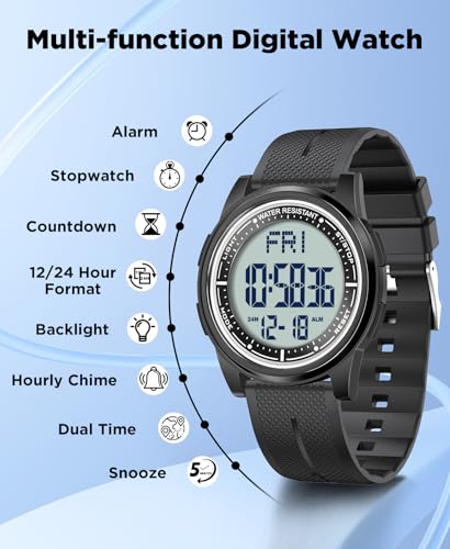 Beeasy Digital Watch for Men Women, 50M Waterproof, Ultra-Thin & Lightweight, 44mm Silicone Sports Watch with Alarm, Stopwatch, Countdown, Ideal for Gym, Running, School, Daily Wear