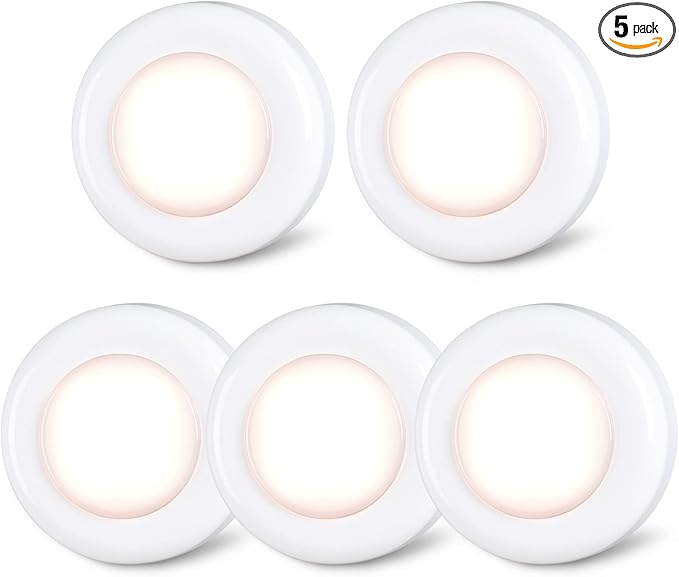 STAR-SPANGLED Push Tap Light, 2.8” Mini Night Touch LED Puck Lamp, Portable Under Cabinet Lighting AAA Battery Operated Powered, DIY Stick On Lights for Closet, Counter, Kitchen, Warm White, 5 Pack