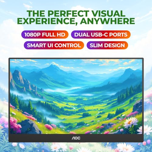 AOC 16T20 Portable Monitor 15.6" FHD 1080p IPS Display, USB-C x2, Mini HDMI, Built-in Speakers, Travel Monitor with Smart Cover, Compatible with Laptops, MacBook, Gaming Console Ready