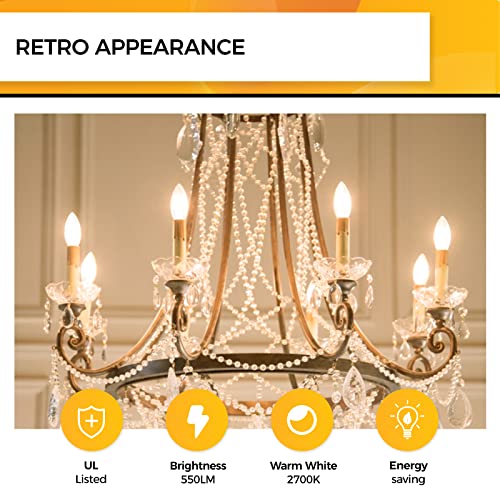 Hizashi 90+CRI Candelabra LED Light Bulbs 60 Watt, 2700K Warm White, E12 LED Bulb Dimmable, B11 Chandelier Light Bulbs, 6W, 550LM, Candle Light Bulbs, UL Listed, 12 Pack