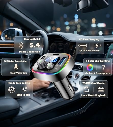 LIHAN FM Transmitter for Car Bluetooth Adapter 5.4,48W PD+QC Fast Charging,Hands-Free Calling,Streams Spotify/Navigation/Music via Car Radio,Wireless Upgrade Non-Bluetooth Cars,USB-C,USB/TF,12V/24V