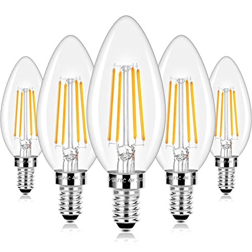 E12 LED Candelabra Bulbs 40 Watt Equivalent, 4W Vintage Candle Light Bulbs Dimmable, 470Lm Warm White 2700K B11 Edison Bulb, Filament Clear Glass Lamp Bulb for Chandelier Ceiling Fan (5 Packs)