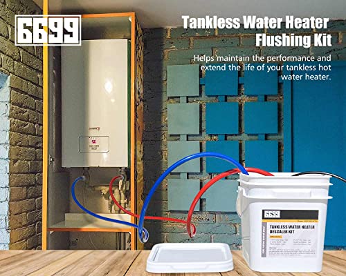Tankless Water Heater Flushing Kit Includes 1/6HP Submersible Sump Pump with Two Adapters & 3 Gallons Pail with Bucket Lid Opener & Two 1/2” Dia X 6’ PVC Hoses with Washers