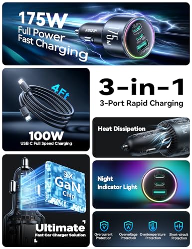 JOYROOM 175W Super Fast Car Charger [GaN] 3-Port Car Charger USB C Fast Charge with USB-C Cable, Car Cigarette Lighter USB Charger for iPhone 17/16/15, Samsung S26/25, Pixel 10, MacBook, iPad and More