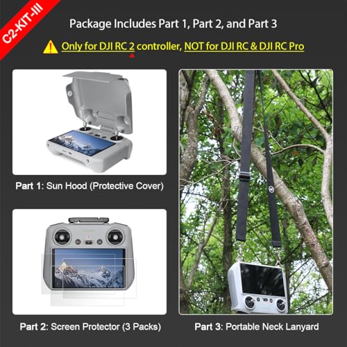 Arzroic RC 2 Protective Sun Hood Kit with Screen Protector & Neck Lanyard for DJI Mini 5 Pro/Avata 360/Mini 4 Pro/Mavic 4 Pro/Flip/Air 3S/Air 3 Accessories