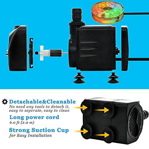 PULACO 160GPH Small Fountain Pump, 10Watt Submersible Pump with Automatic Color Changing LED Light and 3.3 ft Tubing for Water Feature, Outdoor Pond, Aquarium fish tanks