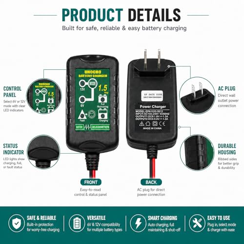 Unocho 6V/12V Battery Charger Maintainer 1.5A Automatic Trickle Charger Smart Float Charger for Car Motorcycle Lawn Mower Boat ATV Snowmobile Lead-Acid AGM GEL SLA VRLA WET Batteries