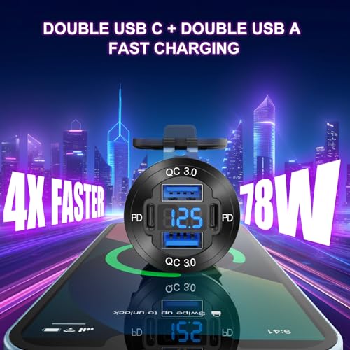 Upgraded 4 Port 12V USB Outlet Aluminum Charger, 78W Dual PD & QC Multiple USB Port for Car, USB C Cigarette Lighter Replacement 12 Volt Socket with Voltmeter Waterproof for Marine Boat Motorcycle RV
