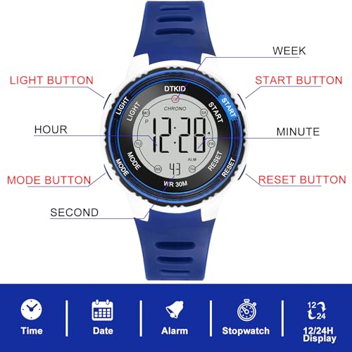 DTKID Digital Kids Watch 30 M Waterproof, 7 Color Lights Time Teaching Watch Easy to Read for Girls Boys 5-16