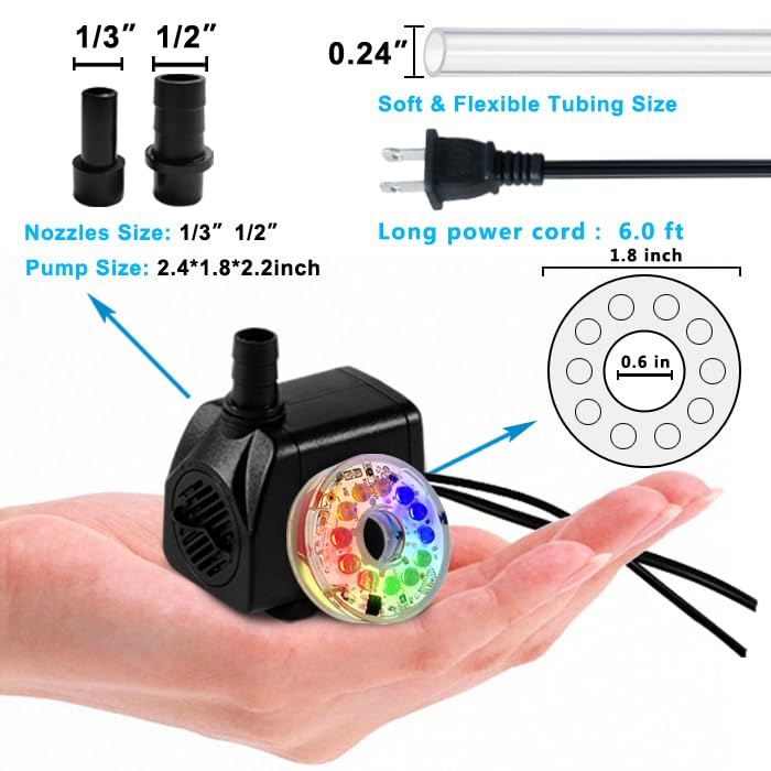 PULACO 160GPH Small Fountain Pump, 10Watt Submersible Pump with Automatic Color Changing LED Light and 3.3 ft Tubing for Water Feature, Outdoor Pond, Aquarium fish tanks