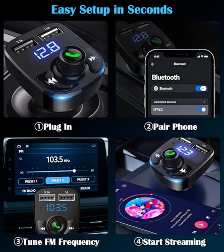 LIHAN Handsfree Calling Car Charger,Wireless Bluetooth 5.3 FM Transmitter Radio Receiver,MP3 Audio Music Adapter,Dual USB Ports,Compatible for iPhone Samsung Smartphones,Spotify & GPS Navigation