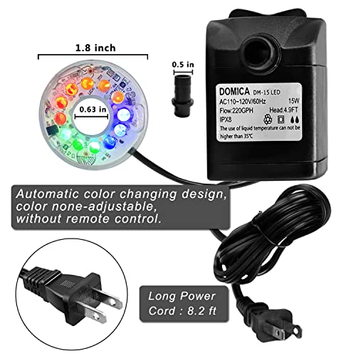 DOMICA 15W 220 GPH Submersible Fountain Pump with LED Light (800L/H), Ultra Quiet Adjustable Water Pump for Water Feature, Hydroponics, Garden, Pond, Aquariums, Fish Tanks, Indoor Outdoor Fountain