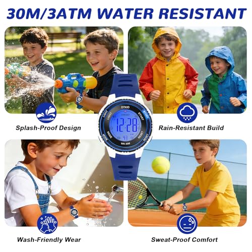 DTKID Digital Kids Watch 30 M Waterproof, 7 Color Lights Time Teaching Watch Easy to Read for Girls Boys 5-16