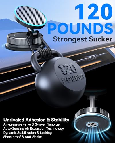 15W MagSafe Car Mount Charger, Magnetic Wireless Car Charger with Vacuum Suction Cup & Nano Adhesive Base, 360° Rotatable Strong Hold Car Phone Mount for iPhone 17 16 15 14 13 12 Series, Samsung S26