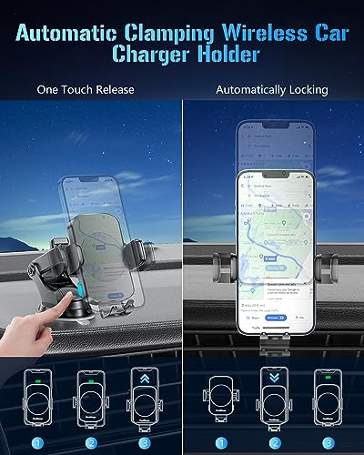 3-in-1 Wireless Car Charger Mount, 15W Fast Charging Auto-Clamping Phone Holder for iPhone 17 16 15 14, Samsung Galaxy S24 S23, Dashboard, Vent & Windshield Car Mount(Black)