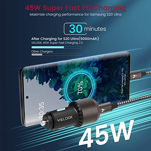 VELOGK Super Fast Type C Car Charger [73W Turbo], Fast Adaptive 55W 45W PPS/PD&QC3.0 USB C Car Adapter[Super Fast Charging 2.0]for Samsung S26 Ultra/S25 Ultra/S24 Ultra/S23 Ultra/S22+,iPad Pro,Macbook