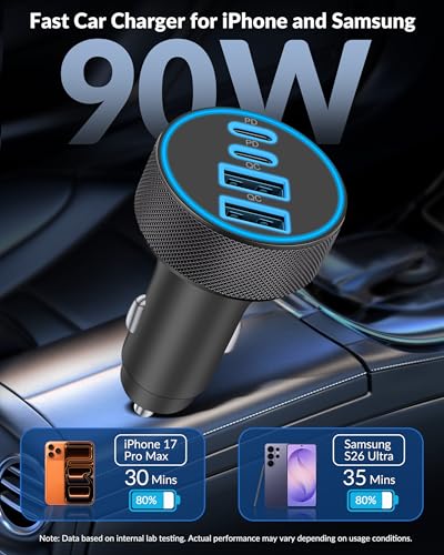 iPhone 17 16 15 Car Charger Fast Charging, 90W 4-Port USB C Fast Car Charger Cigarette Lighter Adapter with 240W 3FT USB-C Cable for iPhone 17/Air/17 Pro/17e/16/15 Pro Max/Plus/16e, iPad, Android
