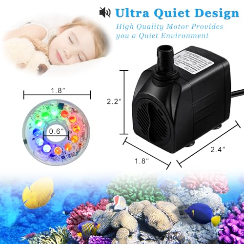 PULACO 160GPH Small Fountain Pump, 10Watt Submersible Pump with Automatic Color Changing LED Light and 3.3 ft Tubing for Water Feature, Outdoor Pond, Aquarium fish tanks