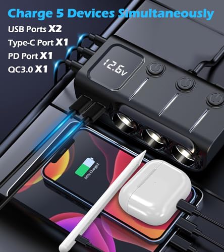 LIHAN Car Cigarette Lighter Splitter 8-in-1,120W 3-Socket Adapter & 5 USB with Master Power Switch,Prevents Battery Drain,PD36W USB-C Fast Charge,3.3FT Cord & LED Meter for Dashcam, RVs,Older Cars