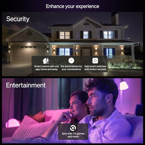 Philips Hue Essential Smart LED A19 Bulb, White and Color Ambiance, E26 Base, 8.8W, 2200K-6500K, 800 Lumens, Dimmable, Works with Alexa, Google, and Apple Home, 4-Pack