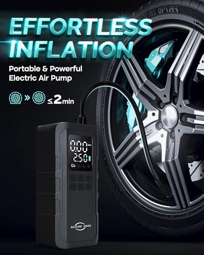 Tire Inflator Portable Air Compressor - 150PSI Cordless Portable Air Pump for Car Tires with Pressure Gauge & LED Lights - 3X Faster Tire Pump for Car, Motorcycle, Balls and Bicycle, Black