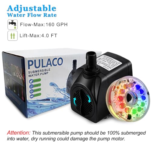 PULACO 160GPH Small Fountain Pump, 10Watt Submersible Pump with Automatic Color Changing LED Light and 3.3 ft Tubing for Water Feature, Outdoor Pond, Aquarium fish tanks