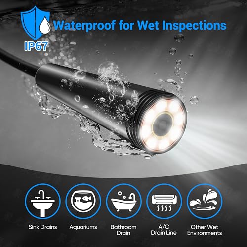 Endoscope Camera with Light,1920P HD Borescope with 8 Adjustable LED Lights, Endoscope with Semi-Rigid Snake Cable, IP67 Waterproof Inspection Borescope for iOS and Android-16.4ft Single Lens