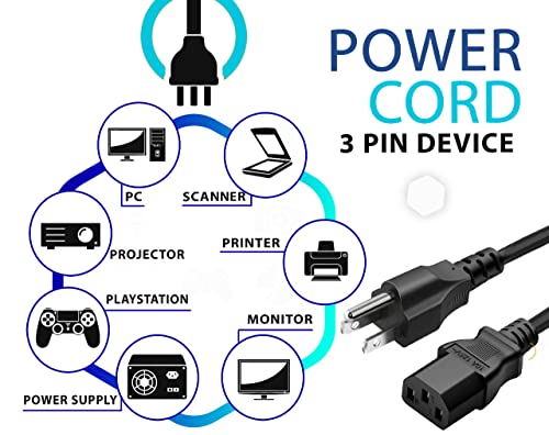 Standard 5ft (1.5m) 10 Amps 125 Volts Black 3 Prong AC Power Cord Cable for Electronics, TV, Computer, Printer, Radio, Monitor, Samsung, Dell, Vizio, LG, Asus, Laptop and More