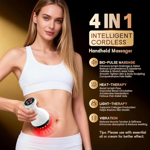 Red Light Lymphatic Drainage Massager Anti Cellulite Massage Tool | Microcurrent Electric Heat Vibration, Reduce Cellulite Stretch Marks, Skin Tightening, Full Body Leg Belly Stomach Massage