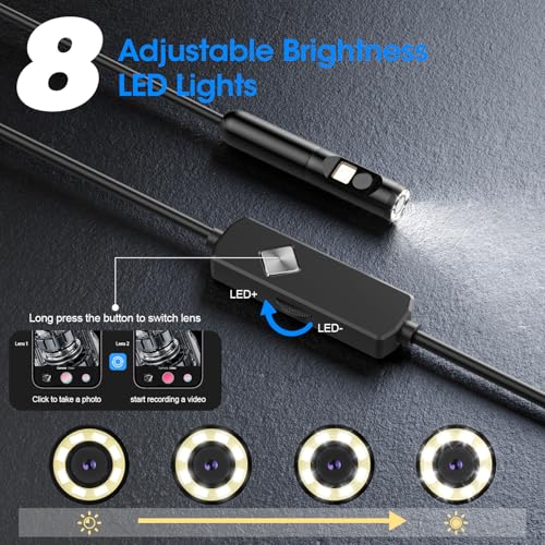 Endoscope with Light, 1920P HD Borescope with 8 Adjustable LED Lights, 16.4FT Semi-Rigid Snake Camera, IP67 Waterproof Inspection Tool for iPhone & Android - Dual Lens (Black)