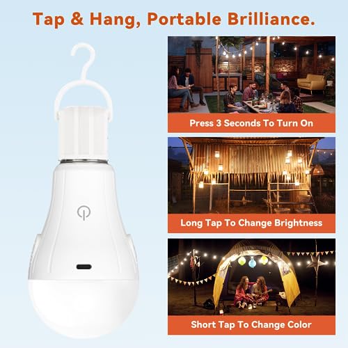 Neporal MagicGlow Rechargeable Light Bulbs with Remote, 3 Colors Shift + Stepless Dimmable Battery Powered LED Bulbs, USB Rechargeable, A19 Emergency LED Light Bulbs, 15W, Up to 24 Hours