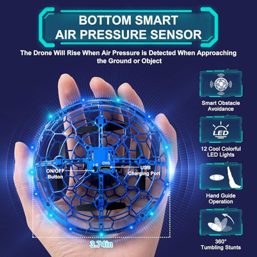 Hand Operated Flying Toy Drone for Kids, 360° Hands Free Motion Sensors Mini Drone with Cool LED Lights, Easy Indoor Small UFO Toy Flying Ball Drone for 6 7 8 9 10+ Year Old Boys and Girls (Blue)