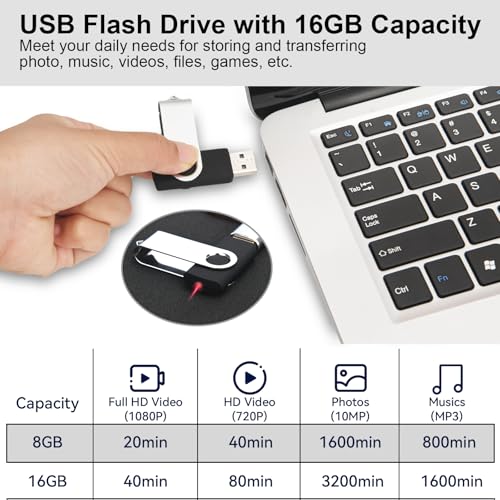 Swivel Design 16GB USB Flash Drive with Keychain, USB 2.0 Portable Thumb Drive Memory Stick, FAT32 Format Flashdrive for Data Storage, Photos, Music, Files (Black, 16 GB)