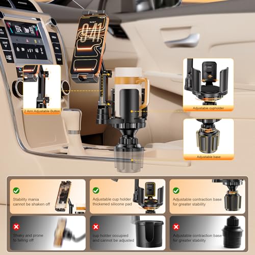 Tablet Holder for Car, 3 in 1 Cup Holder ipad Car Mount with Expander, Adjustable Base and Long Arm with 360°Rotation Phone ipad Holder Compatible for 4-12.9‘’ Tablet, All Smartphones and Most Bottles