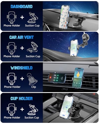 3-in-1 Wireless Car Charger Mount, 15W Fast Charging Auto-Clamping Phone Holder for iPhone 17 16 15 14, Samsung Galaxy S24 S23, Dashboard, Vent & Windshield Car Mount(Black)