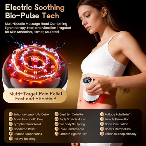 Red Light Lymphatic Drainage Massager Anti Cellulite Massage Tool | Microcurrent Electric Heat Vibration, Reduce Cellulite Stretch Marks, Skin Tightening, Full Body Leg Belly Stomach Massage