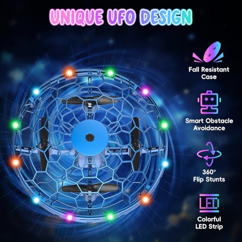 Hand Operated Mini UFO Drone, Cool Gifts Drone for kids & Beginners(Blue) | Hand Gesture Control, 360°Flip Stunt, Safety Mesh Enclosure, Quick USB Recharge, Easy to Control Indoor&Outdoor, Vibrant LED