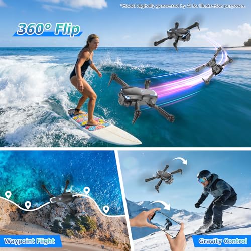 Foldable 1080P Drone with Camera for Kids & Beginners, Easy to Fly Toy Gift for Boys & Girls, One-Key Start, 3D Flips, Gesture Selfie, 2 Batteries