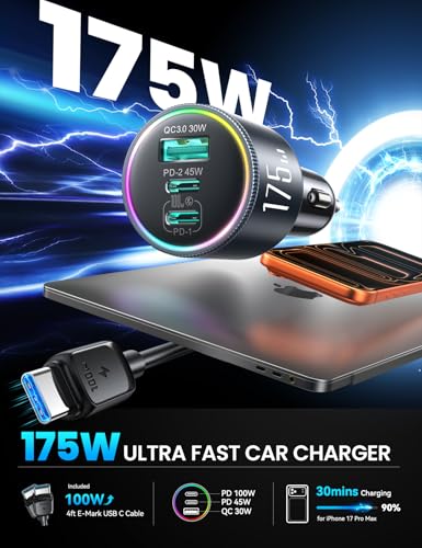 JOYROOM 175W Super Fast Car Charger [GaN] 3-Port Car Charger USB C Fast Charge with USB-C Cable, Car Cigarette Lighter USB Charger for iPhone 17/16/15, Samsung S26/25, Pixel 10, MacBook, iPad and More
