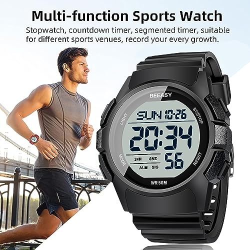 Beeasy Mens Digital Sports Watch, 50M Waterproof 49mm Rubber Strap Mens Watches with Stopwatch, Countdown Timer, Alarm & Dual Time—Ideal for Sport, Gym, Running, Referee, School & Daily Wear