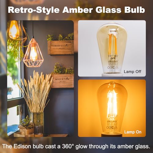 DiCUNO E26 Edison Bulbs 60W, 2200K Amber Warm, 6W LED Edison Bulb ST64, Amber Glass, Vintage LED Light for Home, 600LM, Non-Dimmable, CRI 80, Pack of 2