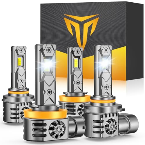 H11/H9/H8 9005/HB3 LED Light Bulb Combo, 100000LM 1200% Brighter 1:1 Mini Size 6500K H11 9005 High&Low Bulbs, 10 Year Extend Lifespan, Quick Install, Turn Signal Light Assemblies Pack of 4