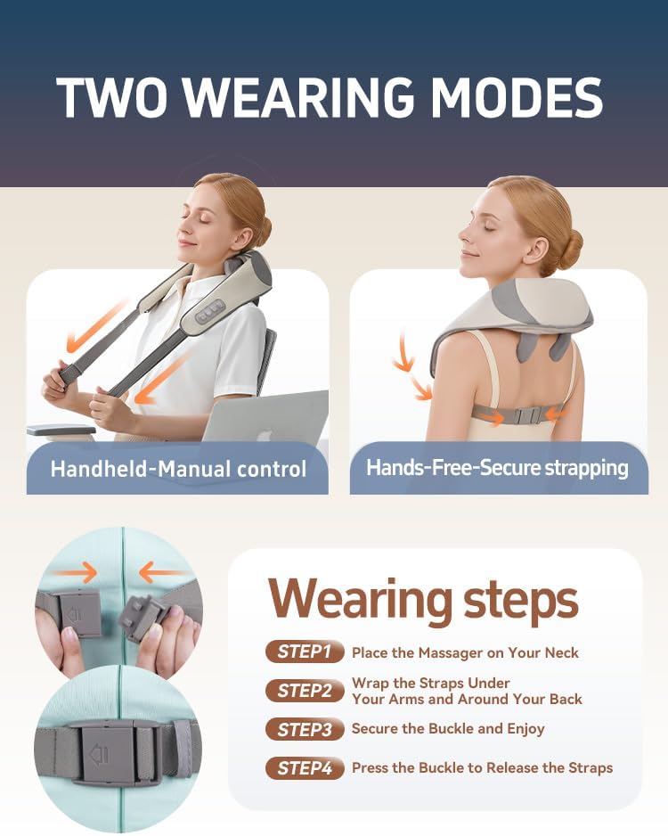 Cordless Neck and Shoulder Massager with Heat, 6D Shiatsu,  6D Shiatsu heat massage pillow, cordless for neck & back, portable relaxation gift for men, women & parents.