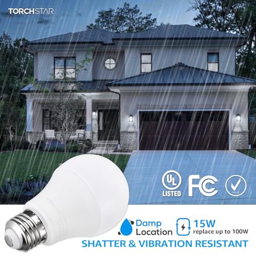 TORCHSTAR 1700LM Universal Garage Door Opener LED Light Bulb, UL FCC DOE, 15W Ultra Bright, Minimize Interference, 100W Eqv. 120V, A19 Bulbs, E26 Base, 5000K Daylight, Pack of 2