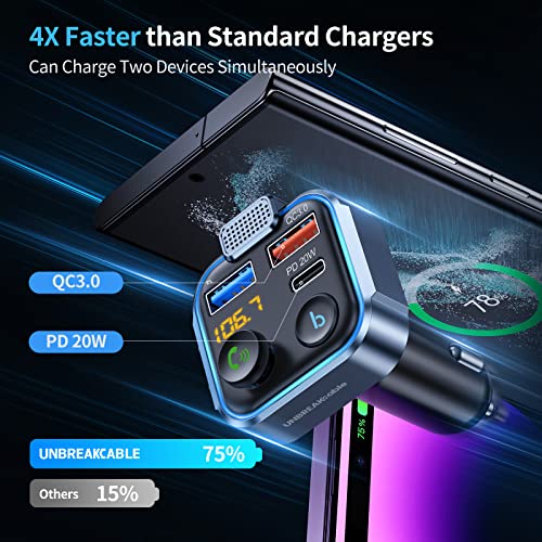 UNBREAKcable Bluetooth 5.3 FM Transmitter for Car, [PD 20W + QC 3.0] [Stronger Microphone & HiFi Bass Sound] Cigarette Lighter Radio Music Adapter Charger, Supports Hands-Free Siri Google Assistant