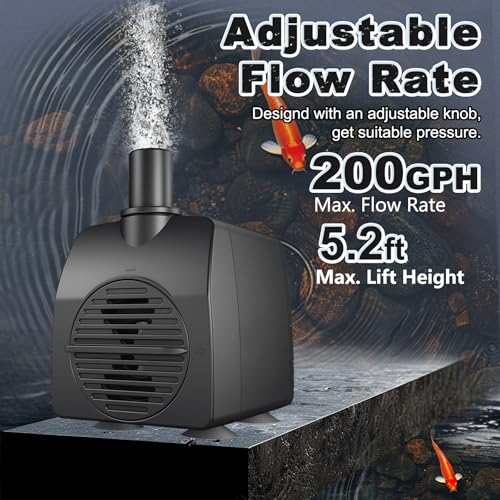 SongLong Submersible Pump 200GPH (800 L/H 15W) Ultra Quiet with Over Heating Protection 5.2ft High Lift for Fountains, Hydroponics, Ponds, Aquariums & More……
